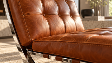 Close-up of cognac leather Barcelona-style chair showing grain, tufting and stitched cushion edges
