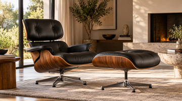 Black leather Eames-style lounge chair replica with walnut veneer and matching ottoman in a warm modern living room
