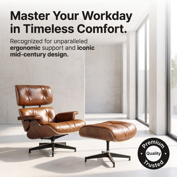 classic mid-century modern brown leather lounge chair and matching ottoman in a bright, minimalist room.