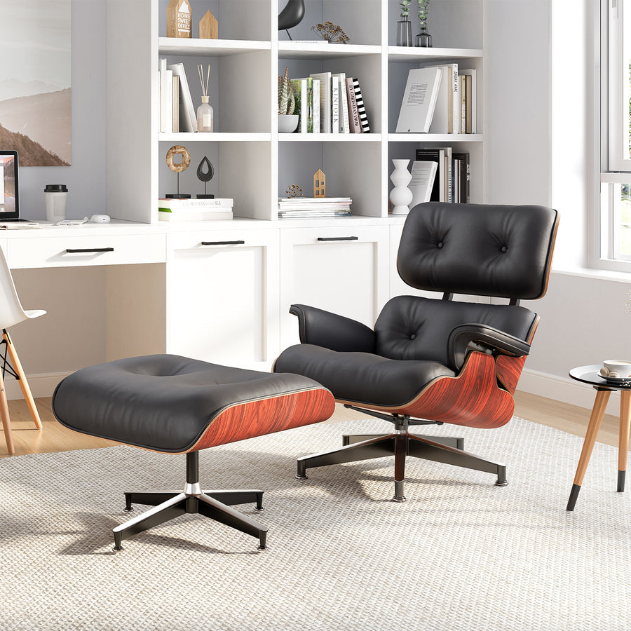 Eames Inspired Lounge Chair & Ottoman in Dark Rose Wood & Black Leather