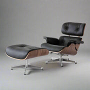 Eames Inspired Mid-Century Lounge Chair & Ottoman in Walnut Wood and Brown