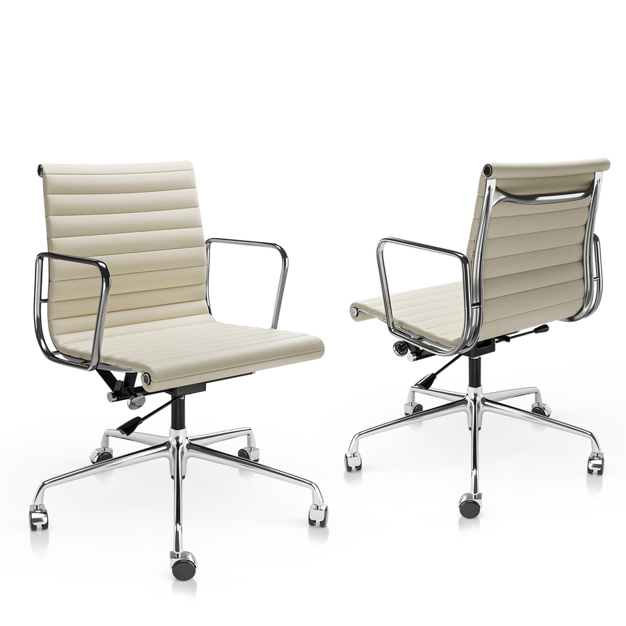 Eames Style Thin Pad Office Chair EA 117 - Ribbed Low Back, Brown Leather