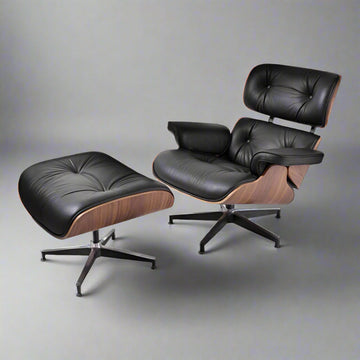 Charles Eames Style XL Version Lounge Chair & Ottoman - Walnut wood Black & White