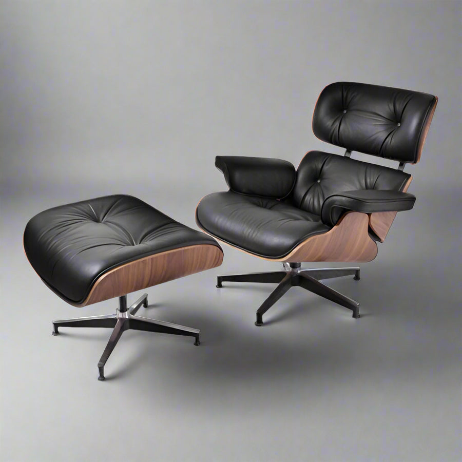 Charles Eames Style XL Version Lounge Chair & Ottoman - Walnut wood Black & White