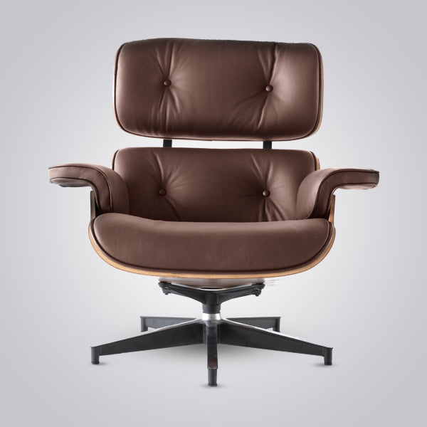 Eames Inspired Mid-Century Lounge Chair & Ottoman in Walnut Wood and Brown