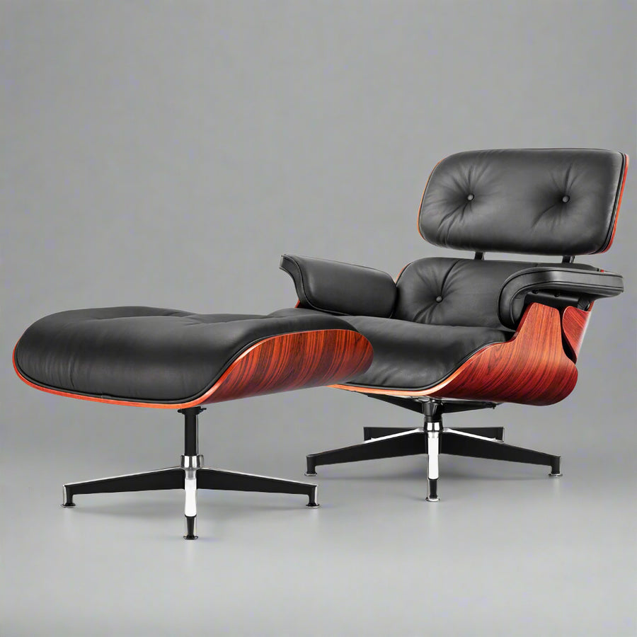 Eames Inspired Lounge Chair & Ottoman in Dark Rose Wood & Black Leather
