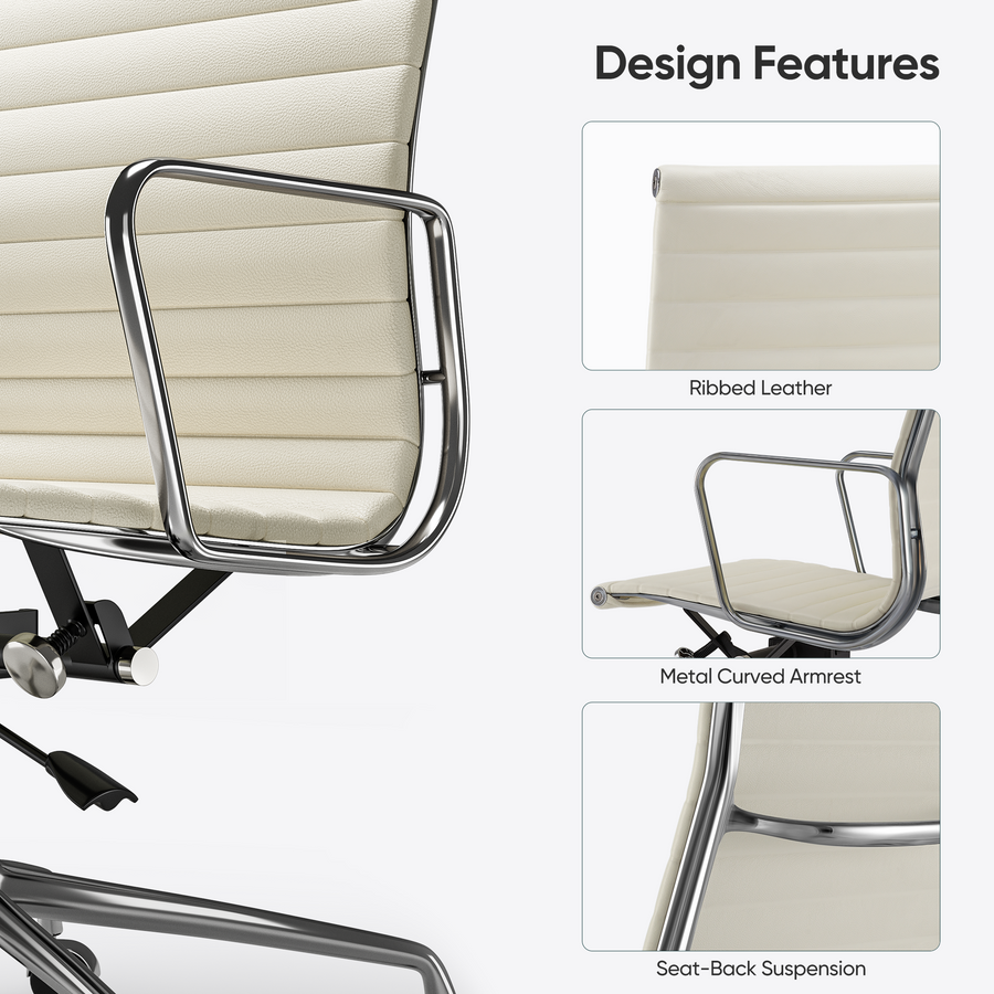 Eames Elegant Thin Pad Office Chair EA 119 - Ripped High Back, Ivory White Leather