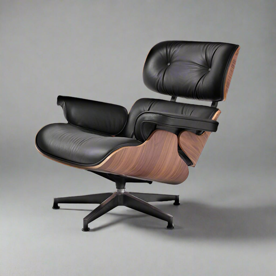 Charles Eames Style XL Version Lounge Chair & Ottoman - Walnut wood Black & White