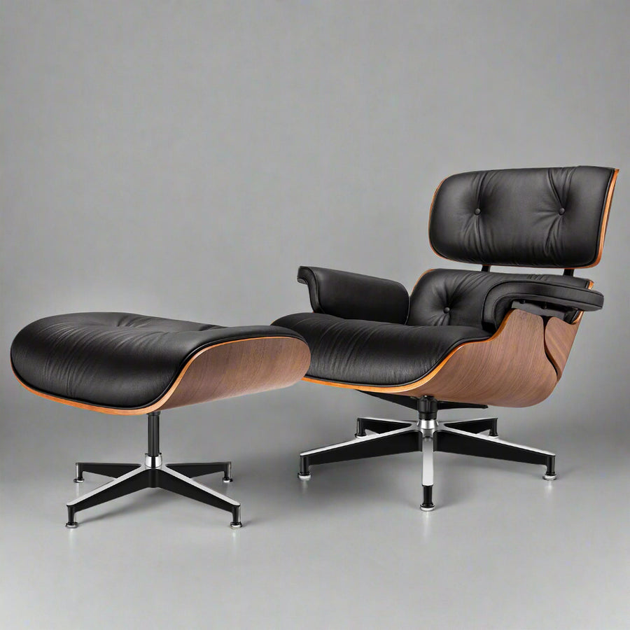 Charles Eames Style XL Version Lounge Chair & Ottoman - Walnut wood Black & White