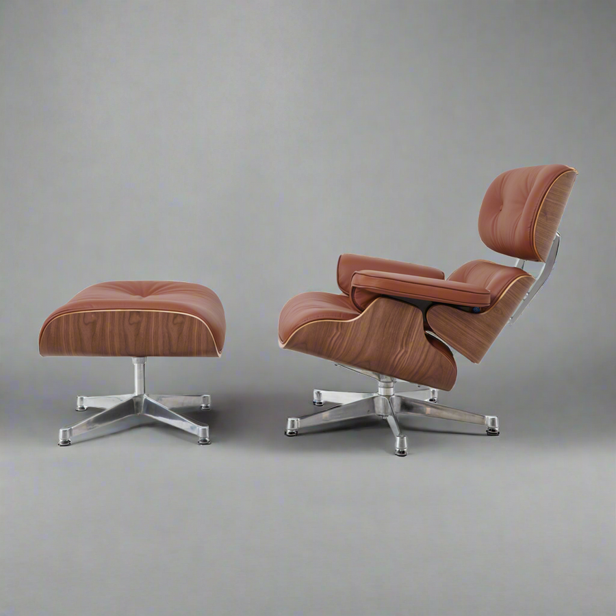 Eames Inspired Mid-Century Lounge Chair & Ottoman – Walnut Wood & Tan Brown | Luxe Furnishes
