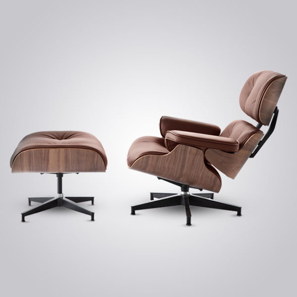 Eames Inspired Mid-Century Lounge Chair & Ottoman in Walnut Wood and Brown
