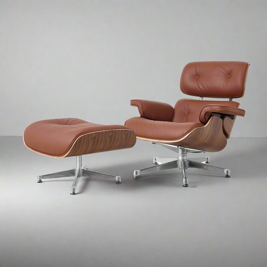 Eames Inspired Mid-Century Lounge Chair & Ottoman - Walnut Wood & White