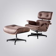 Eames Inspired Mid-Century Lounge Chair & Ottoman in Walnut Wood and Brown