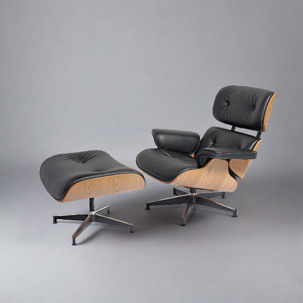 Eames Inspired Mid-Century Lounge Chair & Ottoman - Ash Wood & Black