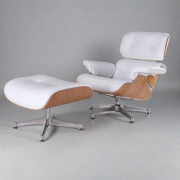 Eames Inspired Mid-Century Iconic Lounge Chair & Ottoman in Ash Wood and White