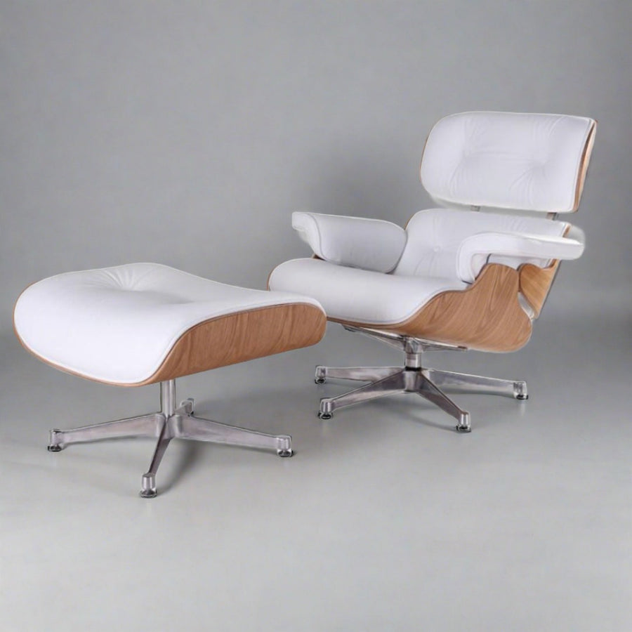 Eames Inspired Mid-Century Iconic Lounge Chair & Ottoman in Ash Wood and White