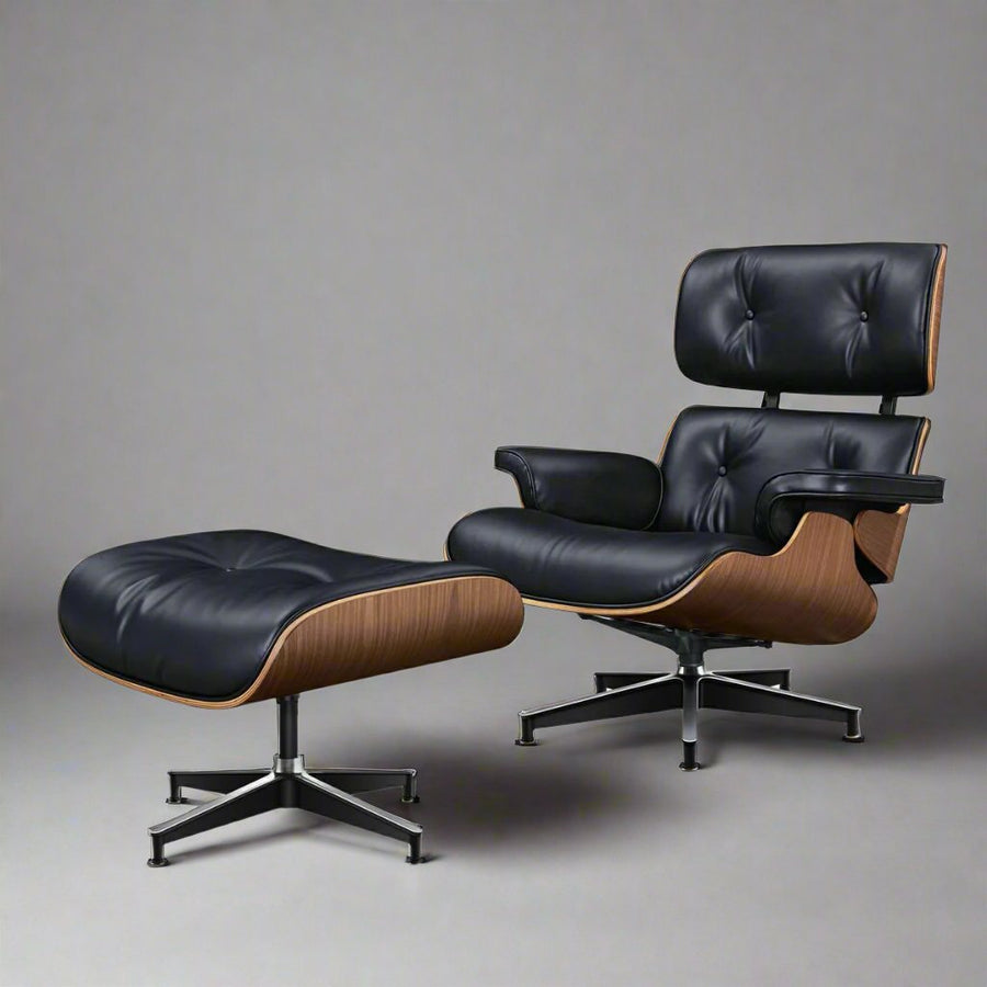 Charles Eames Style XL Version Lounge Chair & Ottoman - Walnut wood Black & White