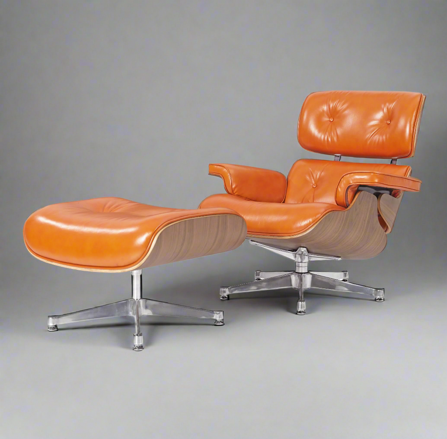 Eames Inspired Deluxe Lounge Chair & Ottoman in Burnt Orange Waxed Leather & Walnut Wood