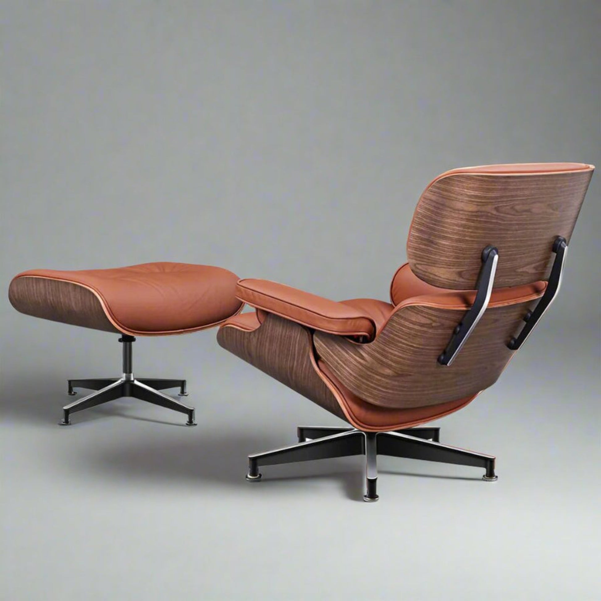 Charles Eames Inspired Mid-Century Iconic Lounge Chair & Ottoman in Walnut Wood and Black