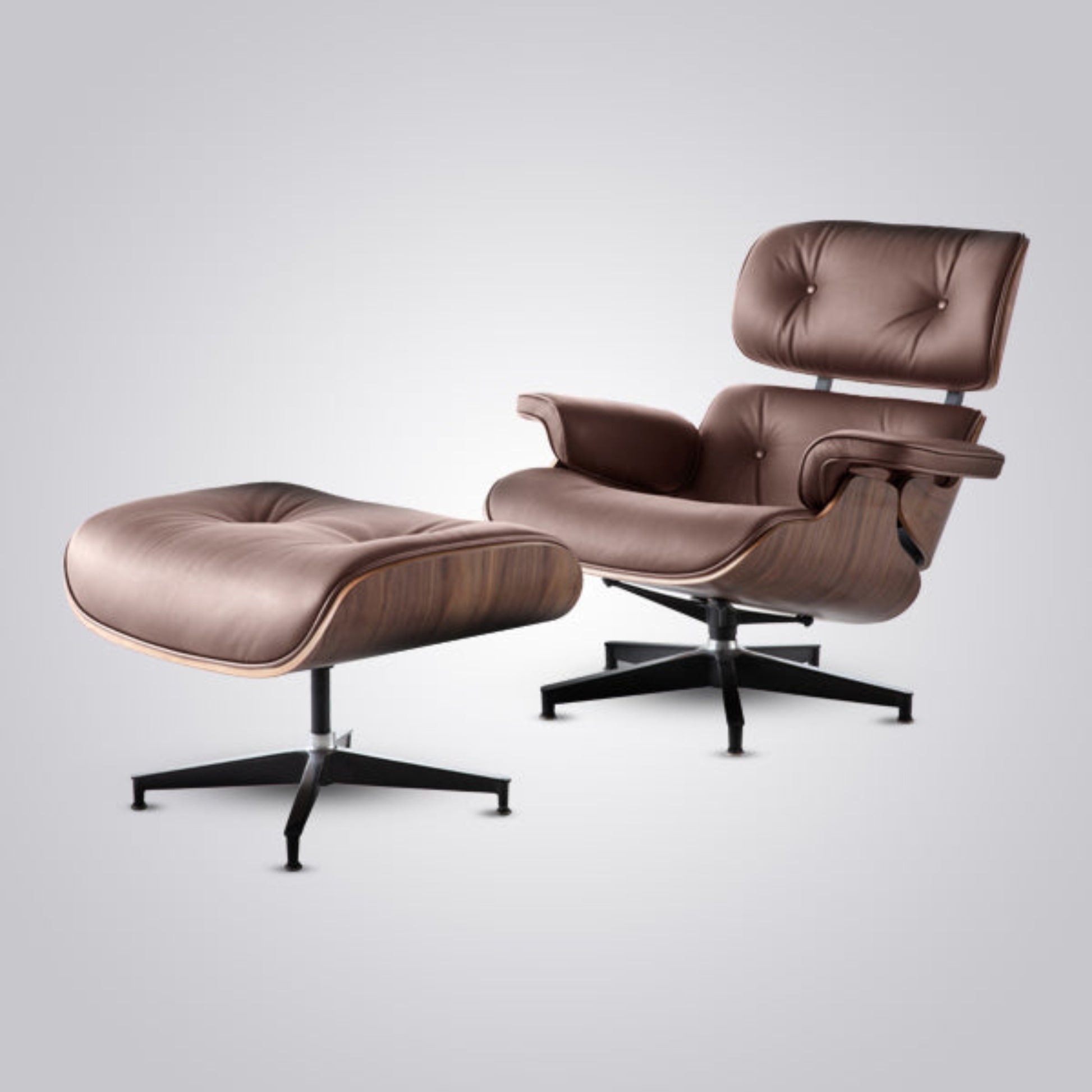 Charles Eames Inspired Mid-Century Iconic Lounge Chair & Ottoman in Walnut Wood and Black