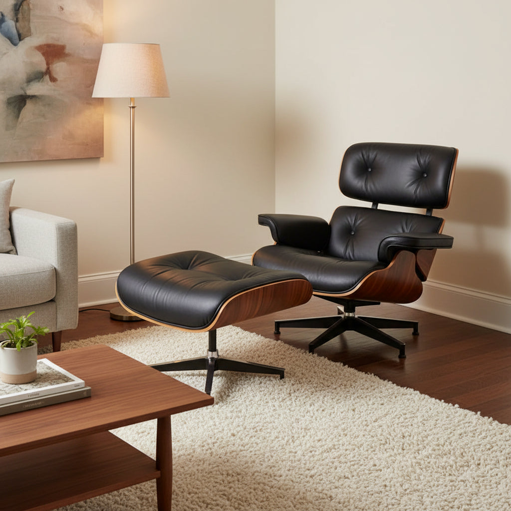 Charles Eames Style XL Version Lounge Chair & Ottoman - Walnut Wood Black & White