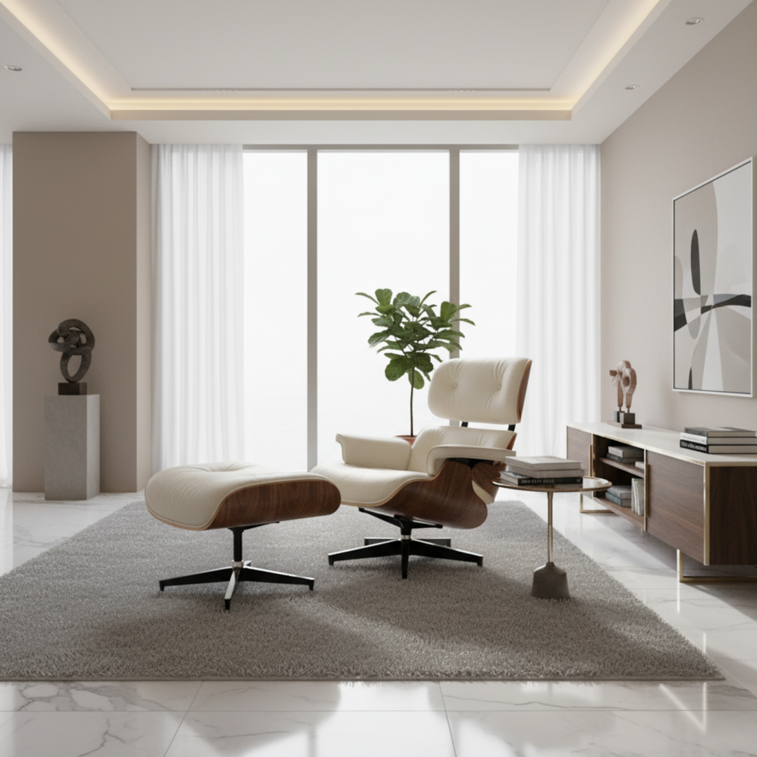 Charles Eames Style XL Version Lounge Chair & Ottoman - Walnut Wood & Ivory White