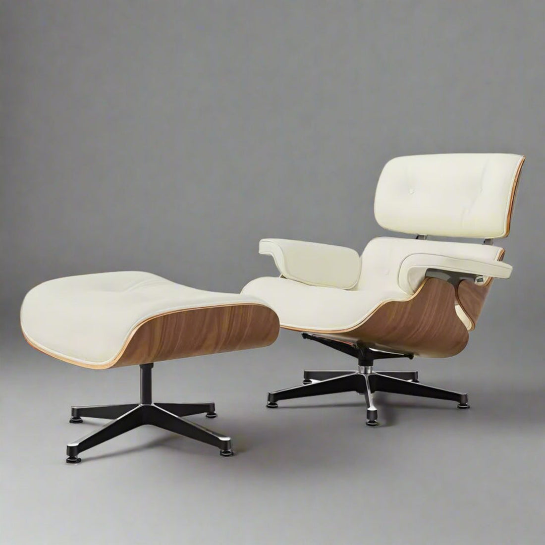 Charles Eames Style XL Version Lounge Chair & Ottoman - Walnut Wood & Ivory White