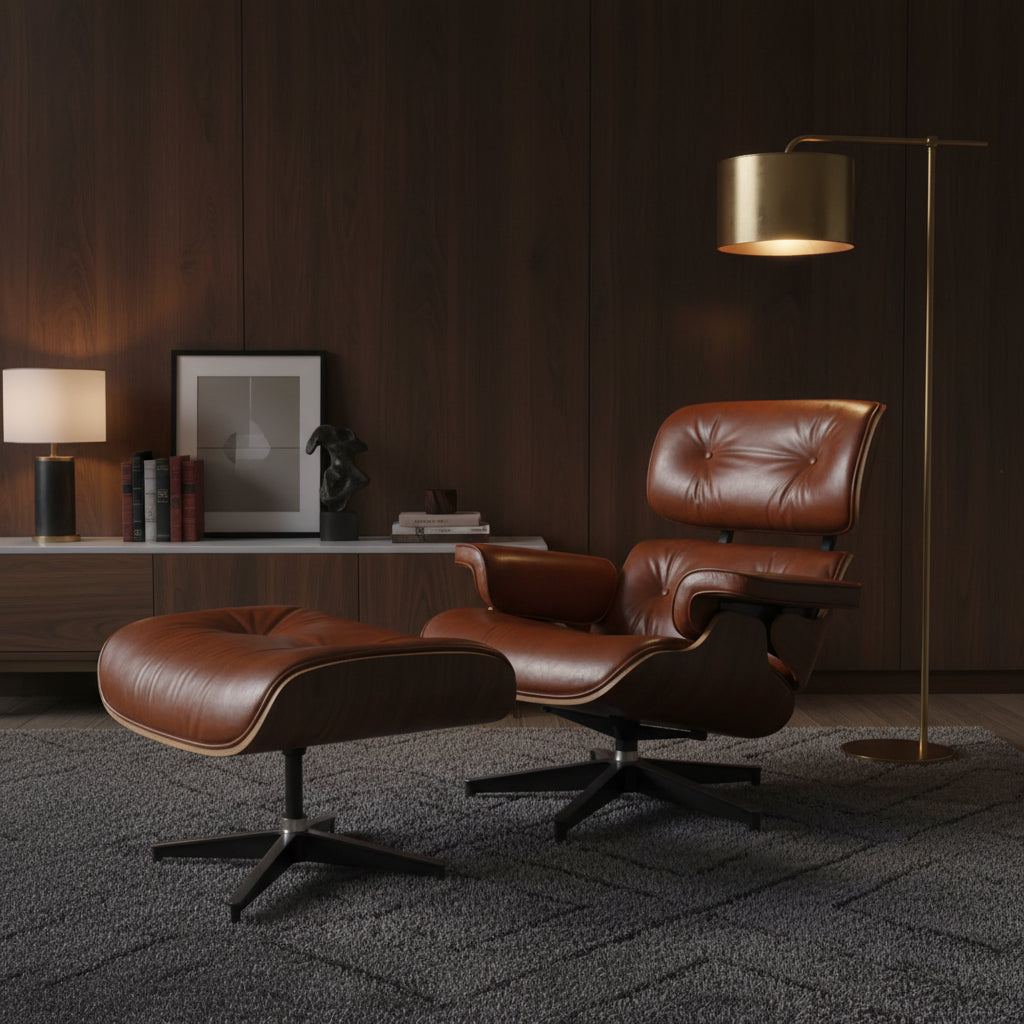 Charles Eames Inspired Wallnut Wood XL Lounge Chair with Ottoman