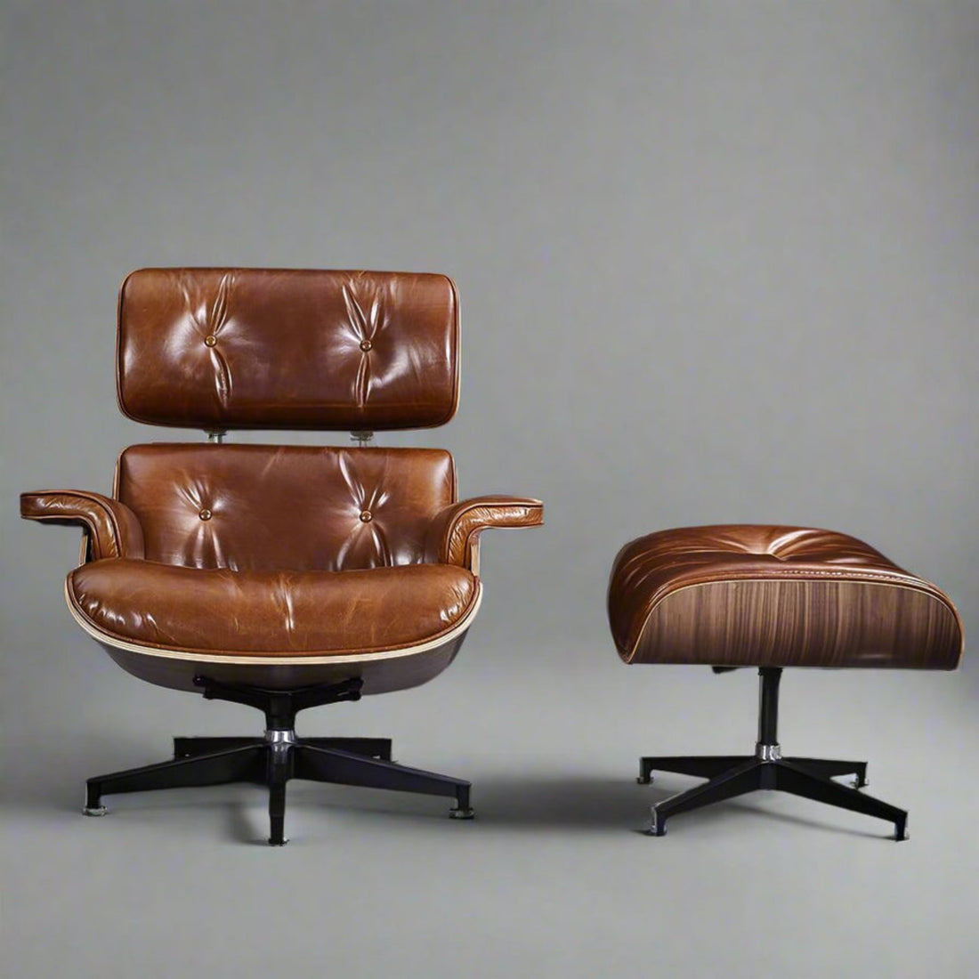 Charles Eames Inspired Wallnut Wood XL Lounge Chair with Ottoman