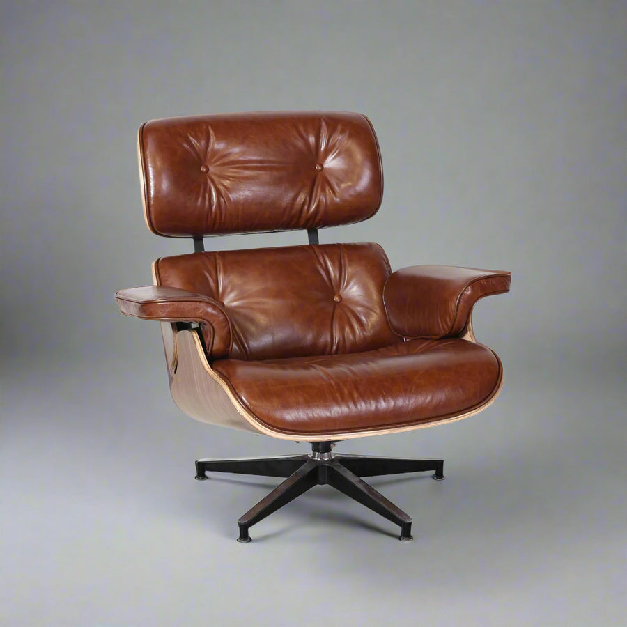 Charles Eames Style XL Version Lounge Chair & Ottoman – Walnut Wood, Waxed Vintage Tan