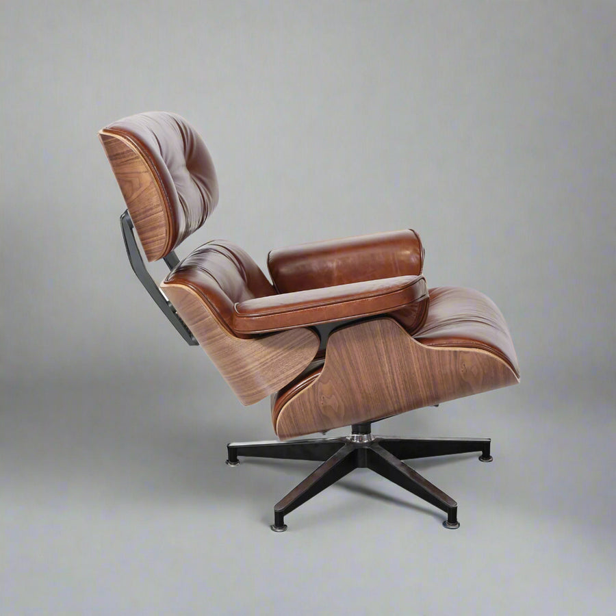Charles Eames Style XL Version Lounge Chair & Ottoman – Walnut Wood, Waxed Vintage Tan