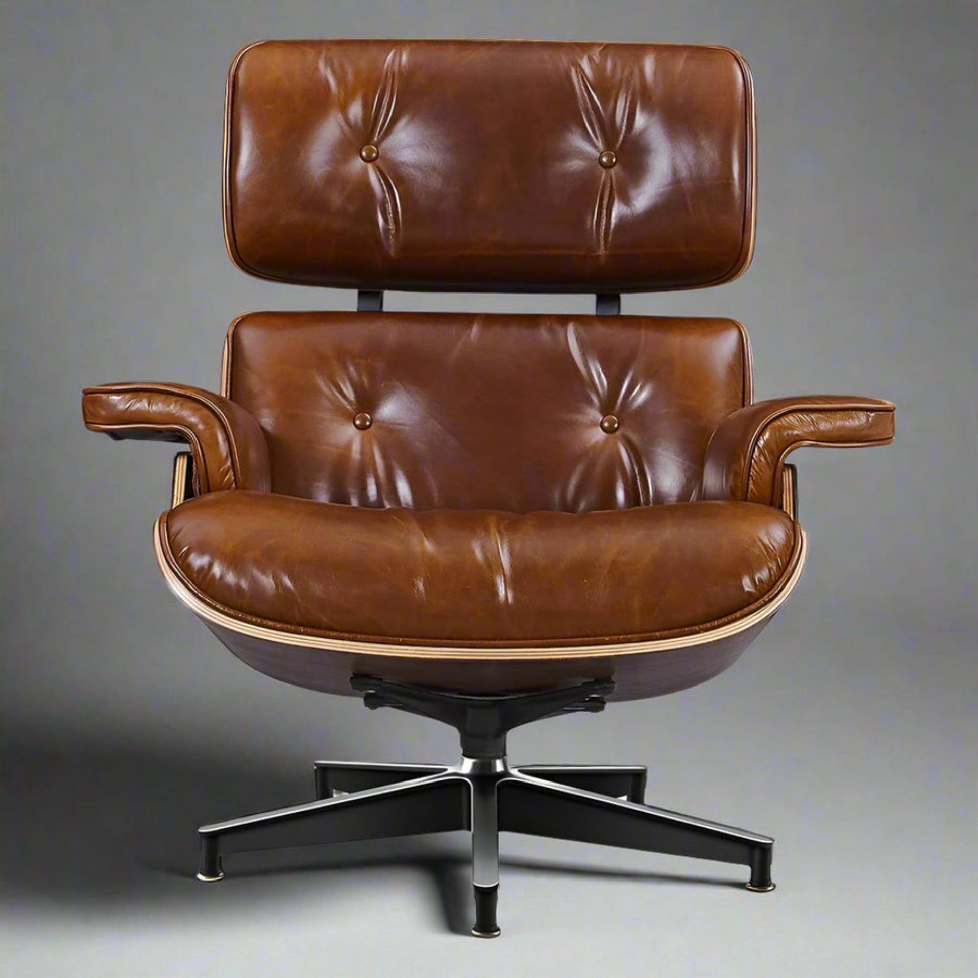 Charles Eames Style XL Version Lounge Chair & Ottoman – Walnut Wood, Waxed Vintage Tan