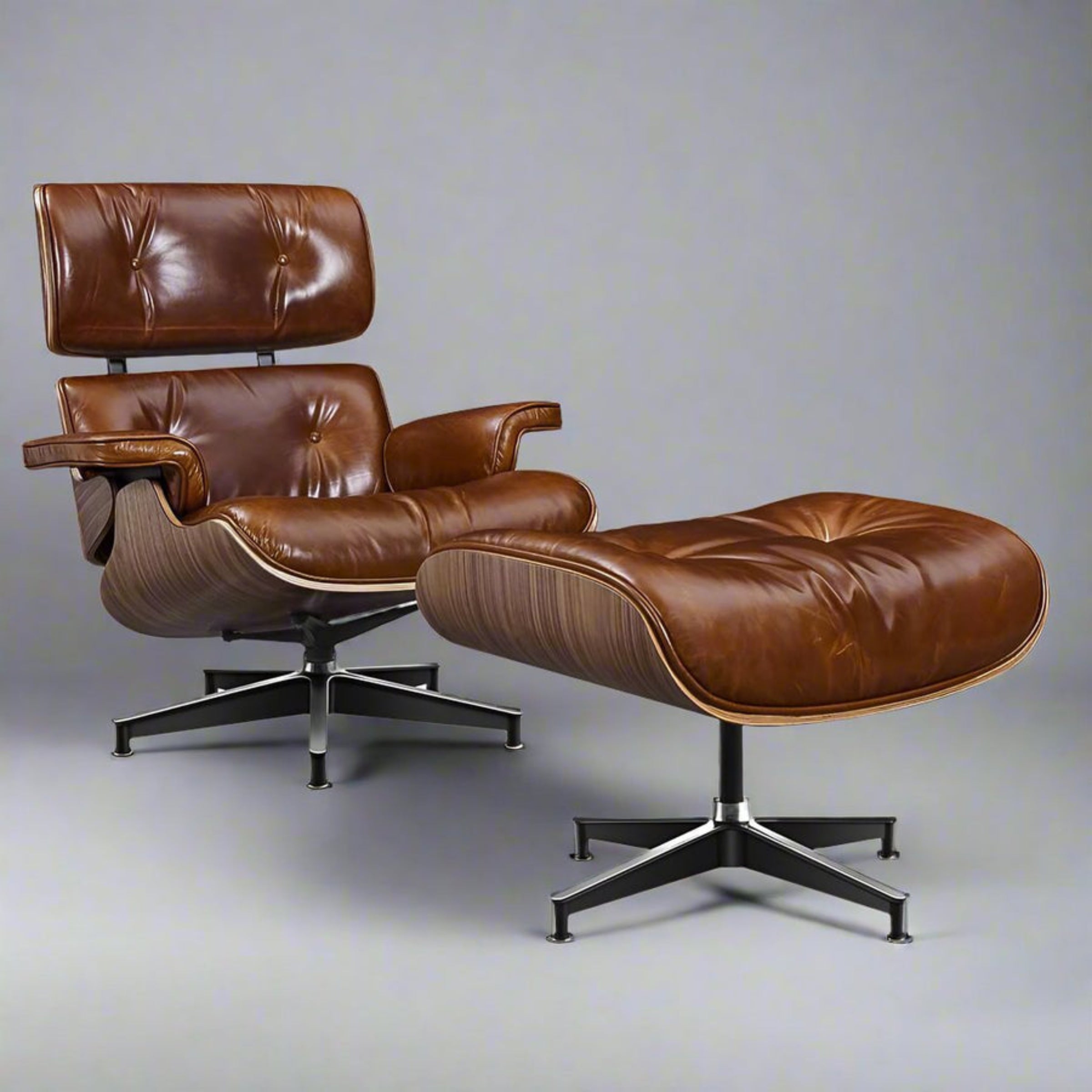 Charles Eames Style XL Version Lounge Chair & Ottoman – Walnut Wood, Waxed Vintage Tan