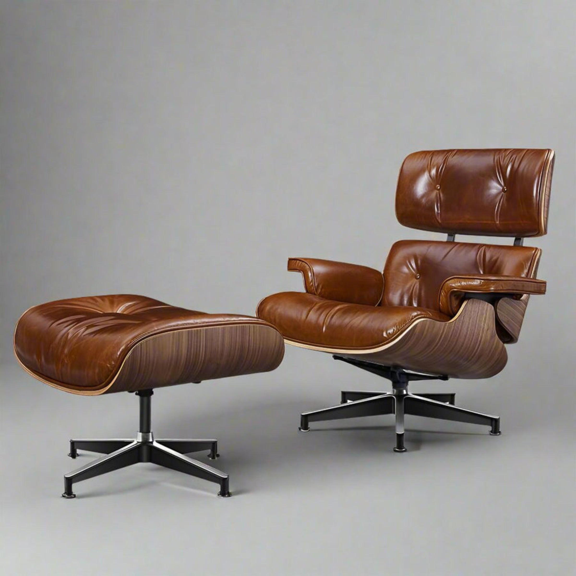 Charles Eames Style XL Version Lounge Chair & Ottoman – Walnut Wood, Waxed Vintage Tan
