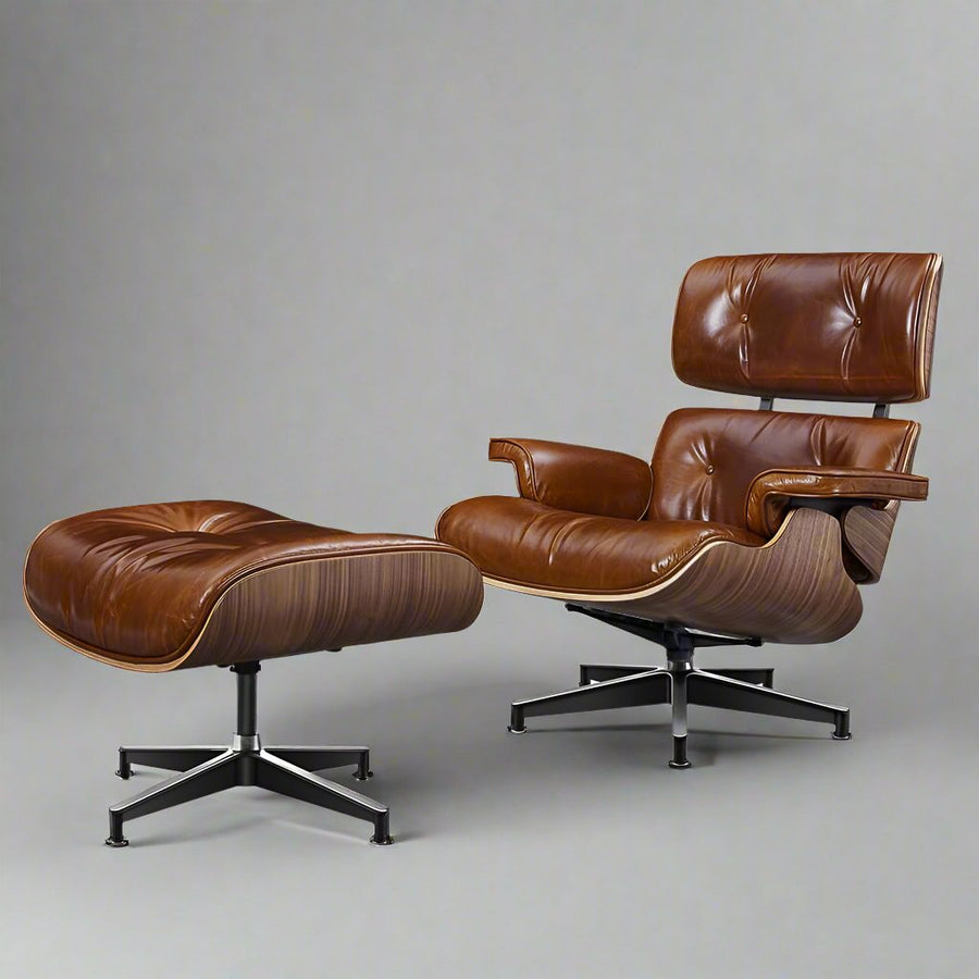 Charles Eames Style XL Version Lounge Chair & Ottoman – Walnut Wood, Waxed Vintage Tan