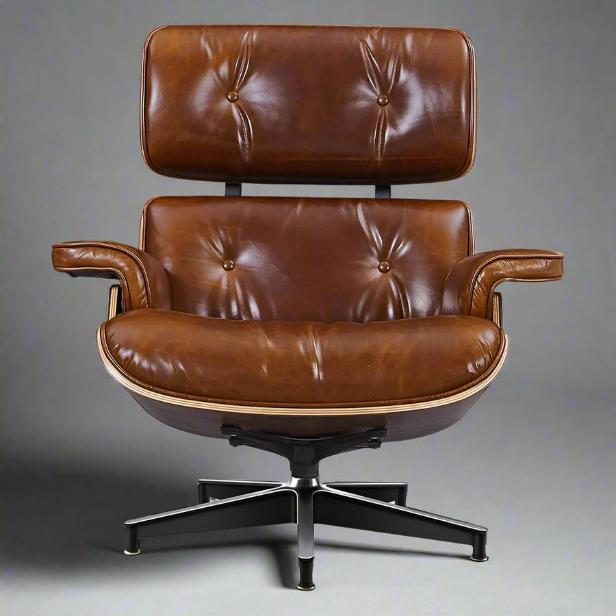 Charles Eames Style XL Version Lounge Chair & Ottoman – Walnut Wood, Waxed Vintage Tan