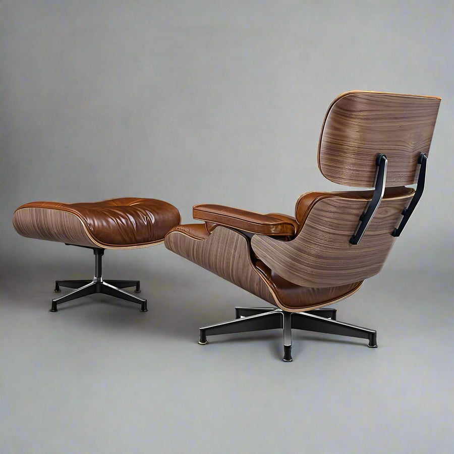 Charles Eames Style XL Version Lounge Chair & Ottoman – Walnut Wood, Waxed Vintage Tan