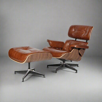 Charles Eames Style XL Version Lounge Chair & Ottoman – Walnut Wood, Waxed Vintage Tan