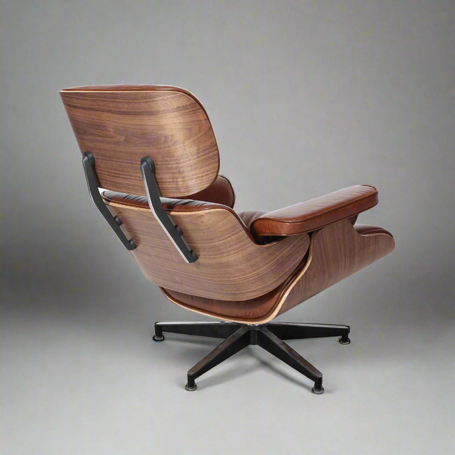 Charles Eames Style XL Version Lounge Chair & Ottoman – Walnut Wood, Waxed Vintage Tan
