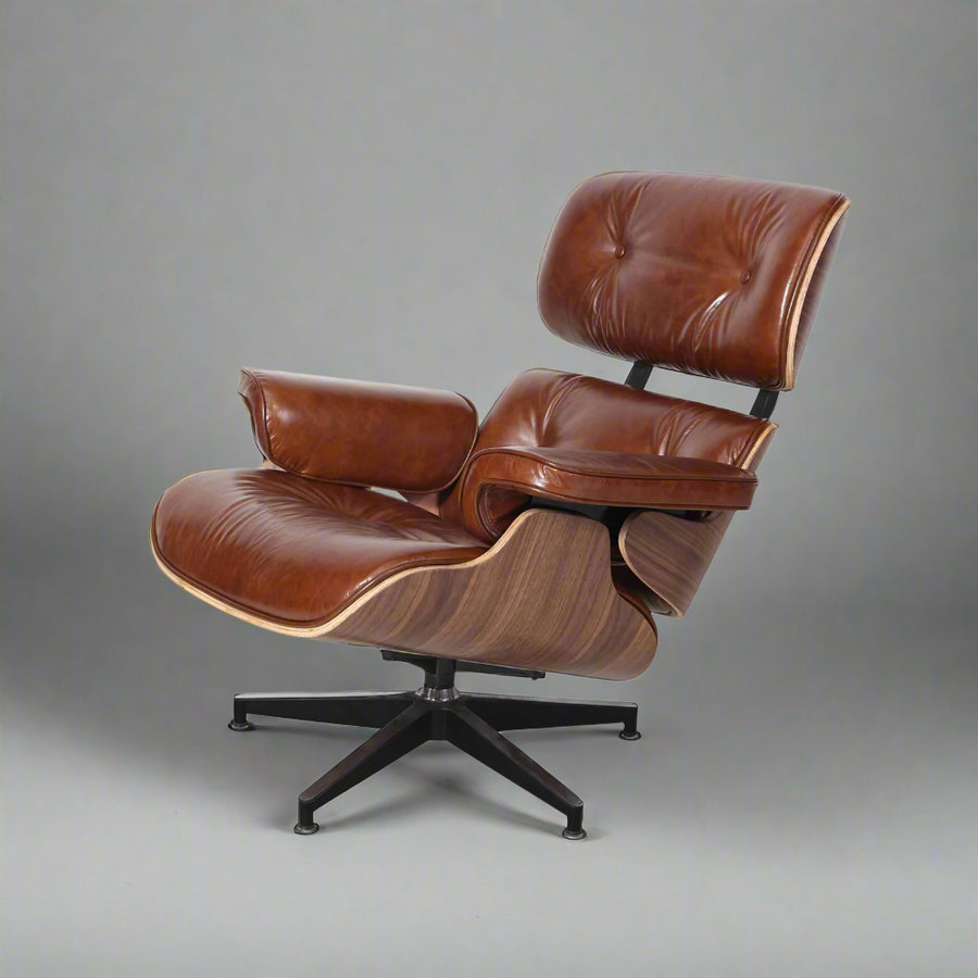 Charles Eames Style XL Version Lounge Chair & Ottoman – Walnut Wood, Waxed Vintage Tan