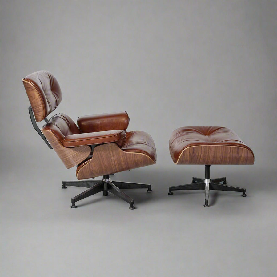 Charles Eames Style XL Version Lounge Chair & Ottoman – Walnut Wood, Waxed Vintage Tan