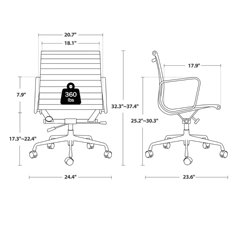 A black and white line drawing showing two views of an office chair with dimension labels and a weight icon reading 360 lbs, serving as a measurement chart.