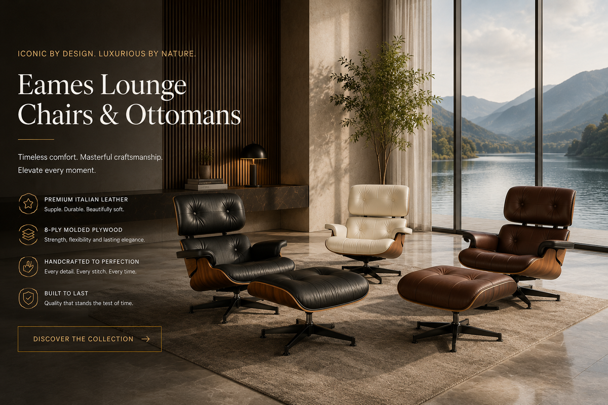 Promotional banner for Eames Lounge Chairs and Ottomans, showcasing four lounge chairs in black, cream, and brown leather/woodslider_item_nbeABg