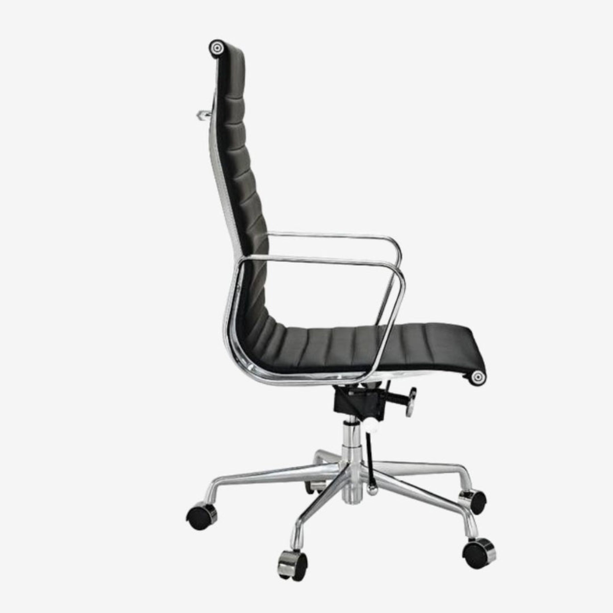 Black office chair with chrome frame on a white background
