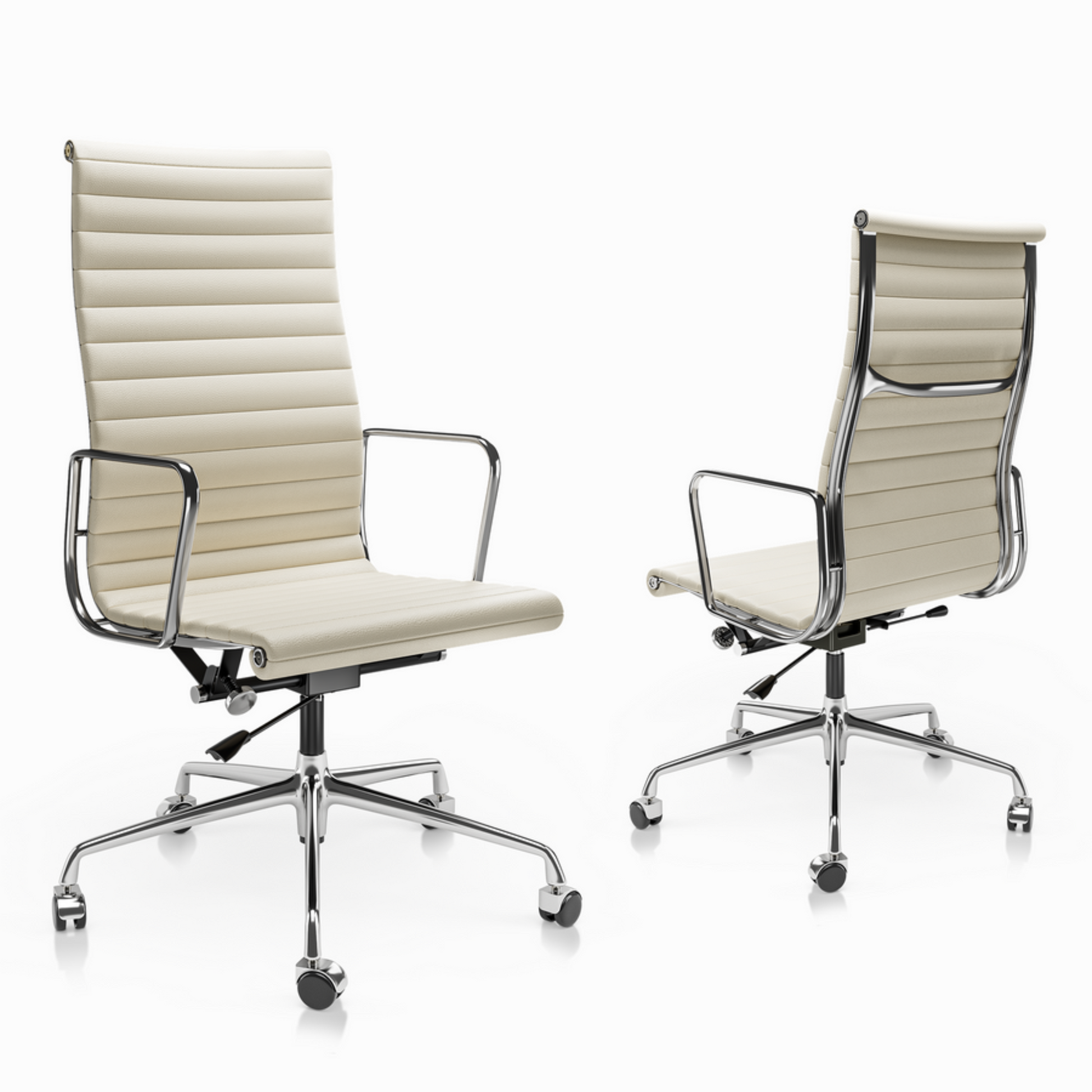 Two beige office chairs with chrome frames on a white background