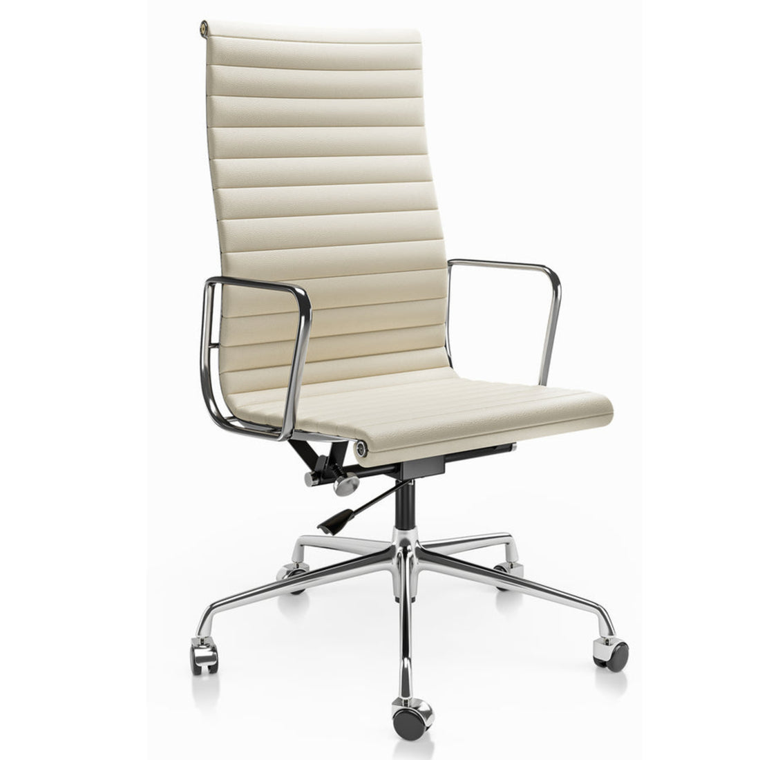 Beige office chair with chrome frame on a white background