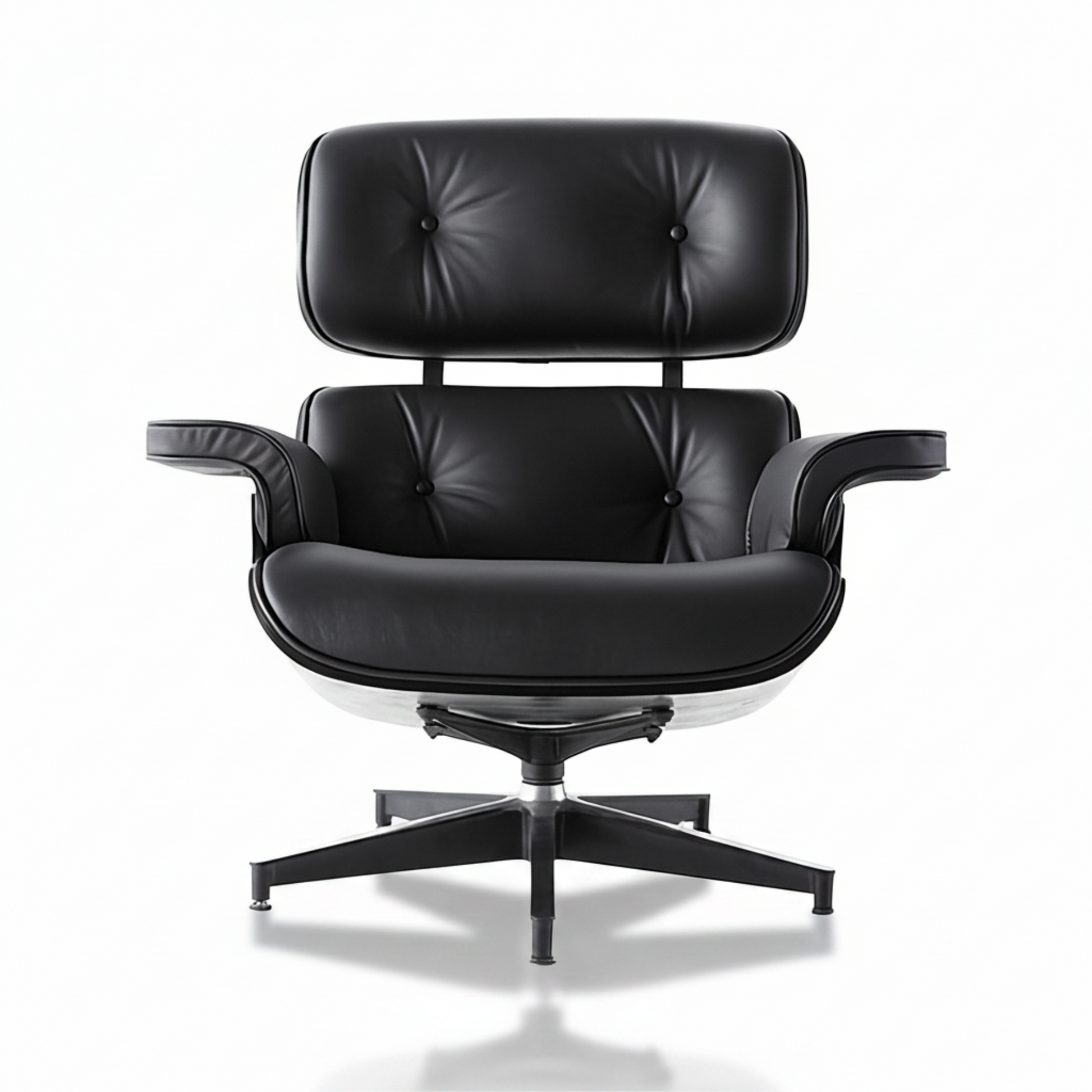 All black Eames inspired lounge chair and ottoman three quarter view