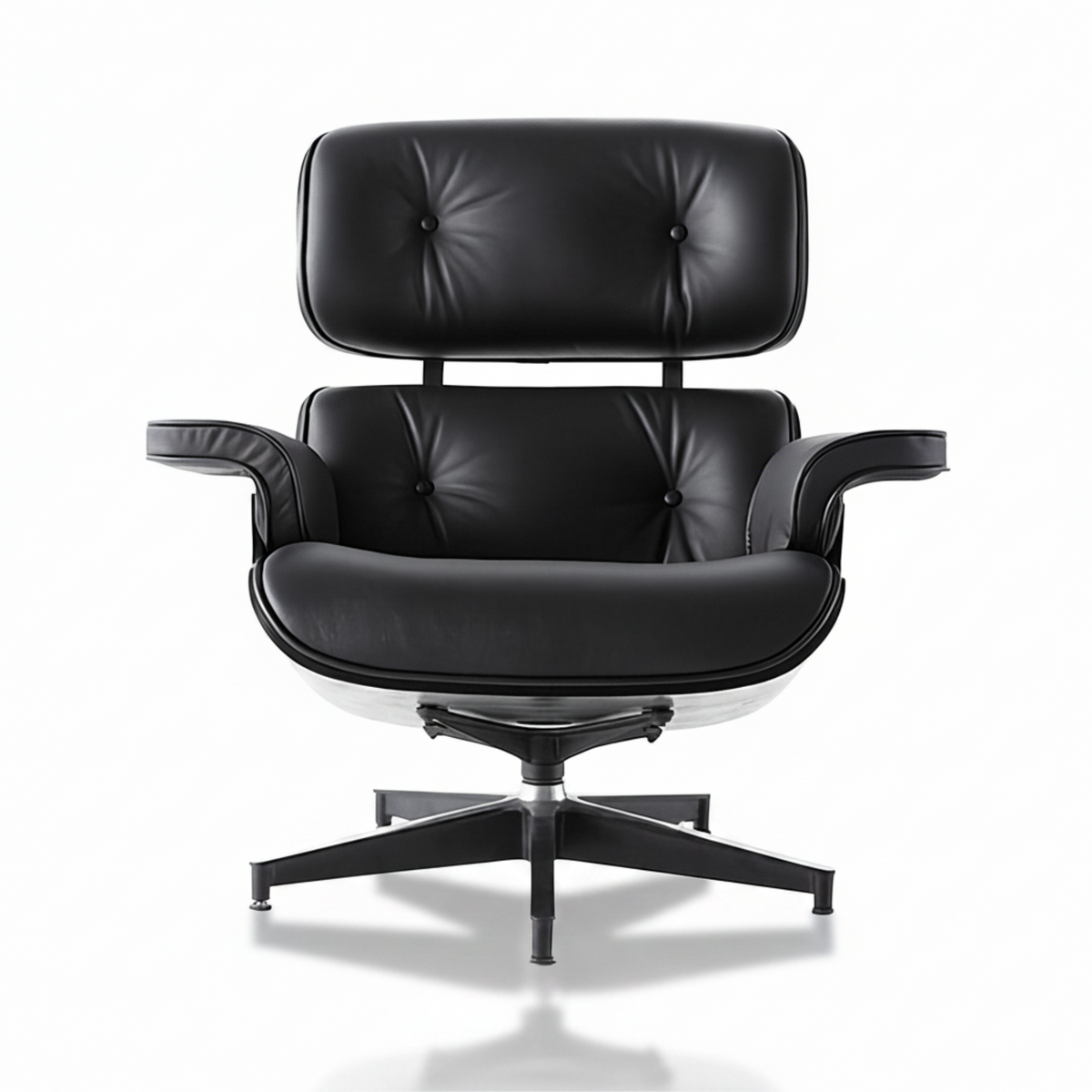 All black Eames inspired lounge chair and ottoman three quarter view