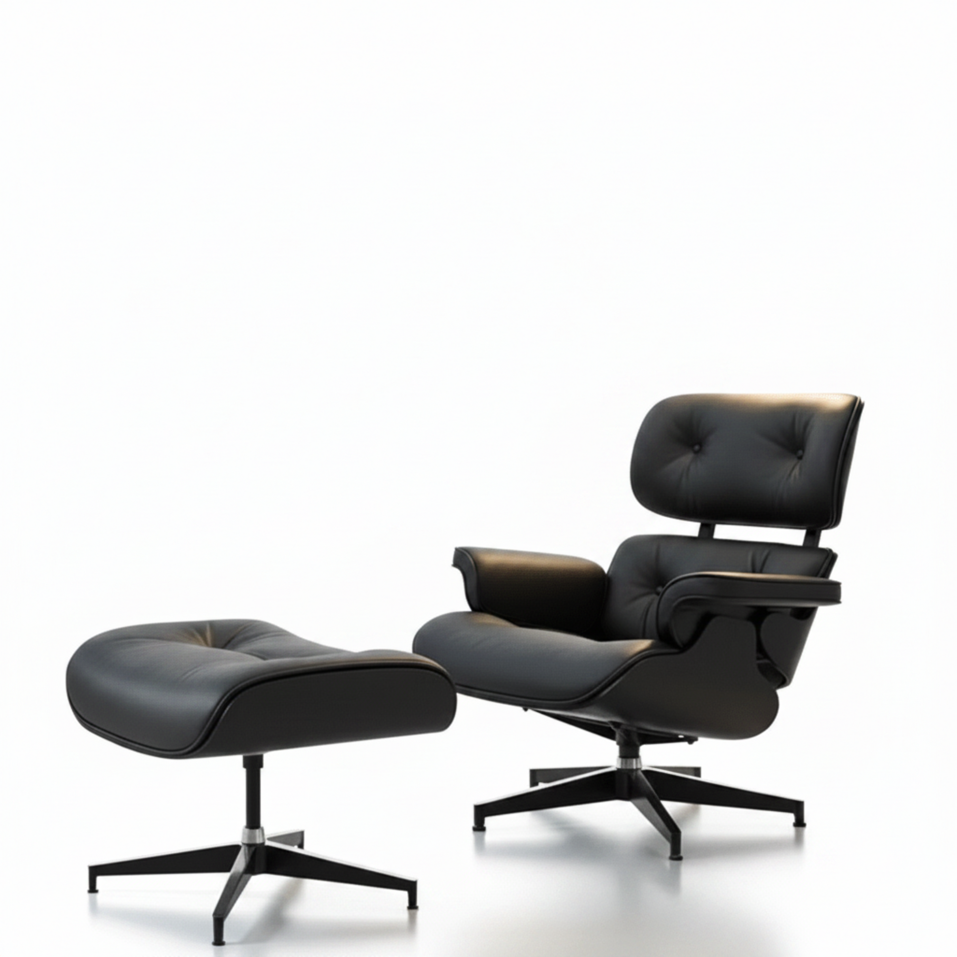 Black leather and ebony ash wood Eames inspired lounge chair detail