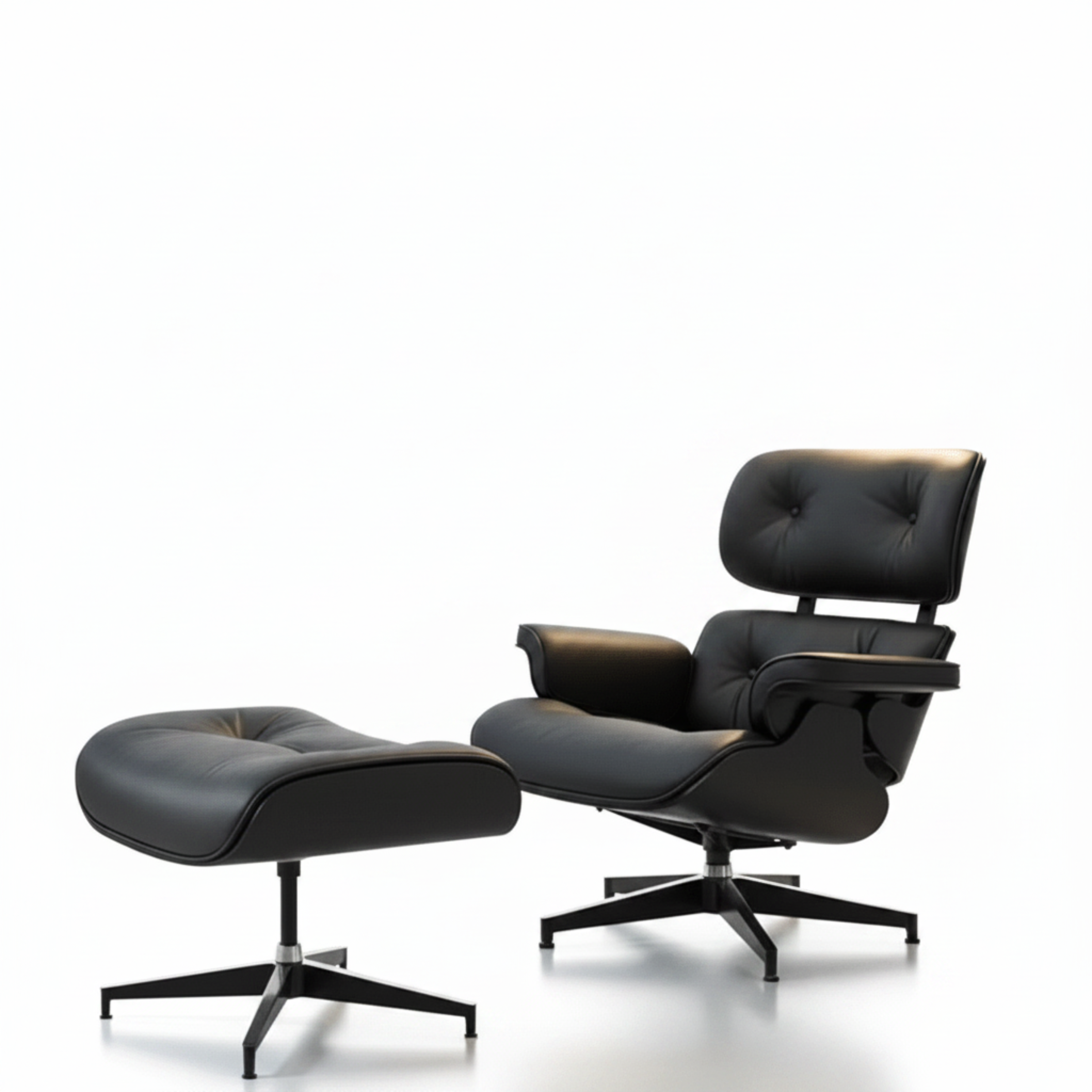Black leather and ebony ash wood Eames inspired lounge chair detail
